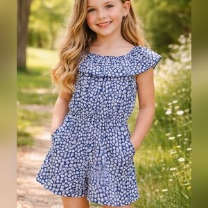 Jenna & Jessie Navy Blue & White Daisy Print Romper Girls Size 7 NWT Cottagecore